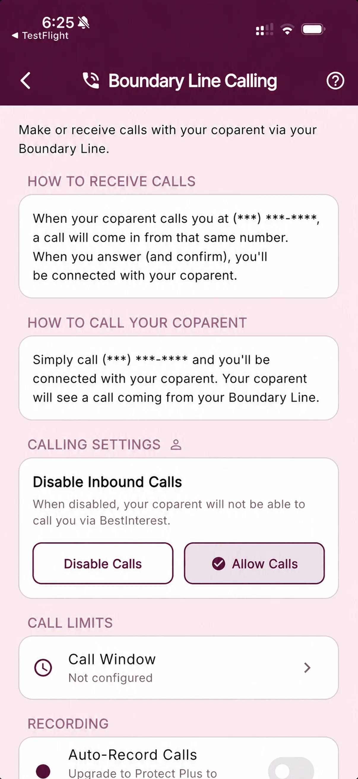 Boundary Line Calling settings in BestInterest with private calling instructions, inbound call controls, and a call window