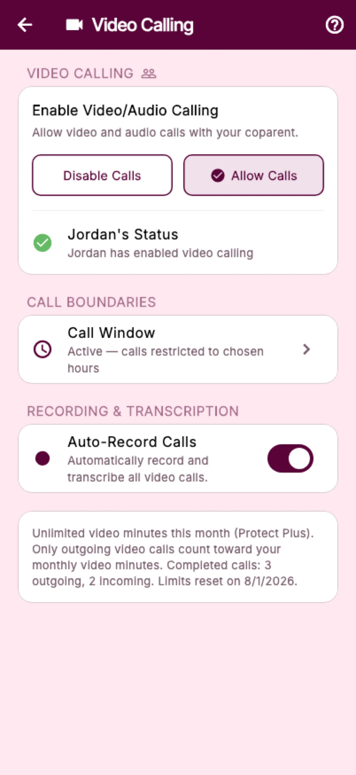 BestInterest Video Calling settings with Auto-Record Calls and transcription enabled