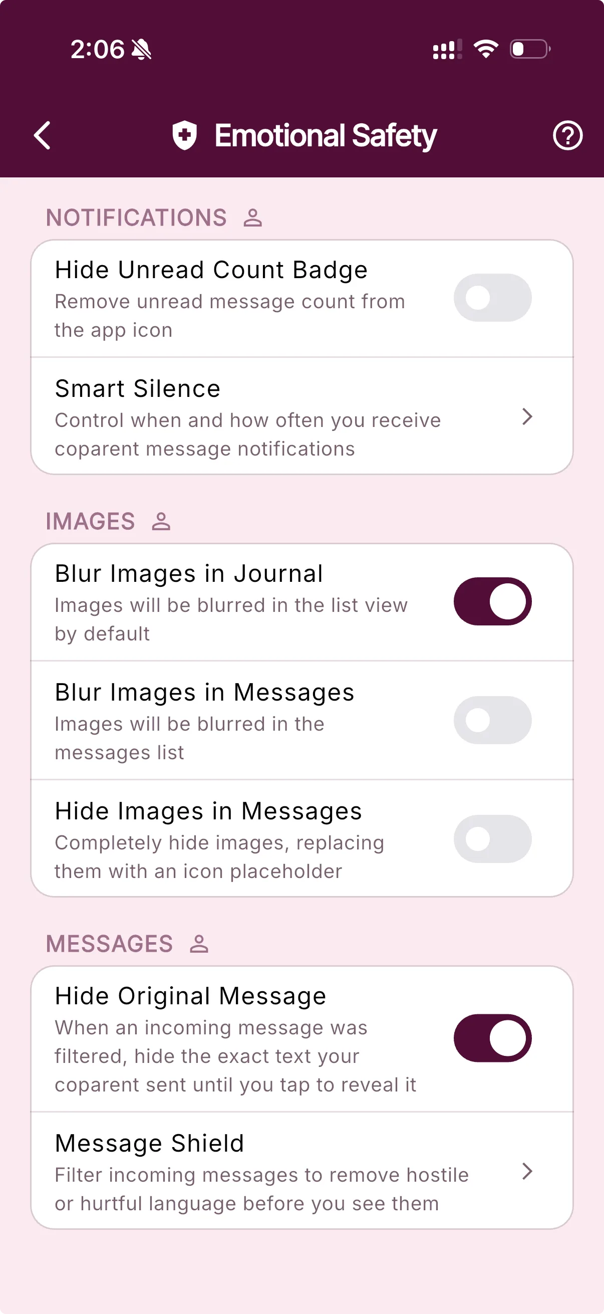 BestInterest Emotional Safety settings with controls for notifications, images, and filtered messages