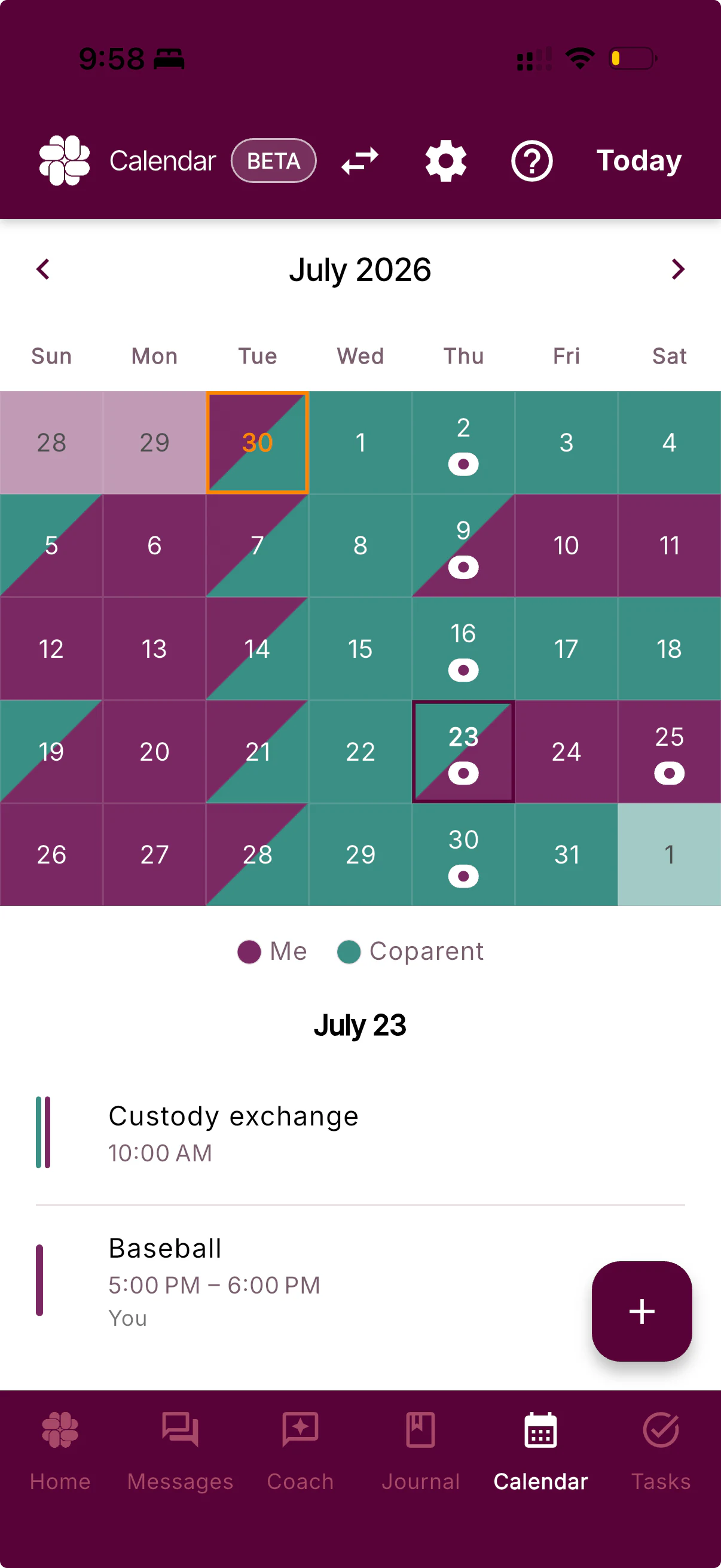 BestInterest shared Calendar screen showing custody schedule coordination