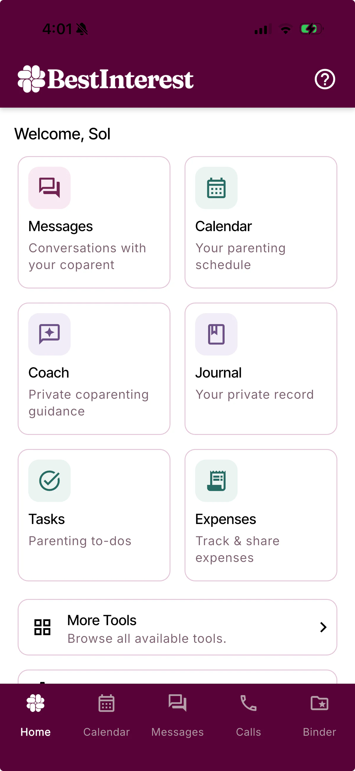 BestInterest Home dashboard showing the primary co-parenting tools