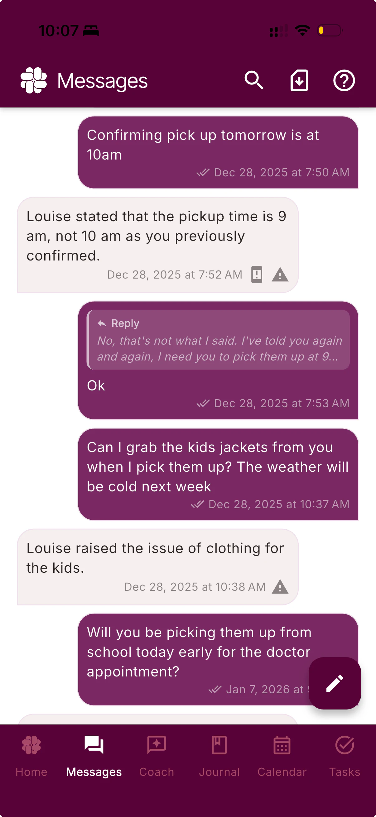 BestInterest Messages screen showing moderated co-parent communication