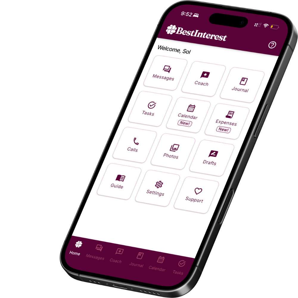 BestInterest app home screen showing messages, coach, journal, calendar, expenses, calls, and support