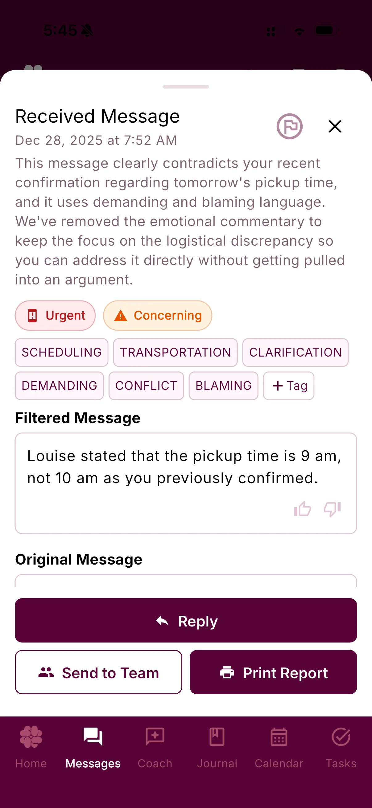 A BestInterest message showing private topic tags for scheduling, transportation, clarification, and conflict