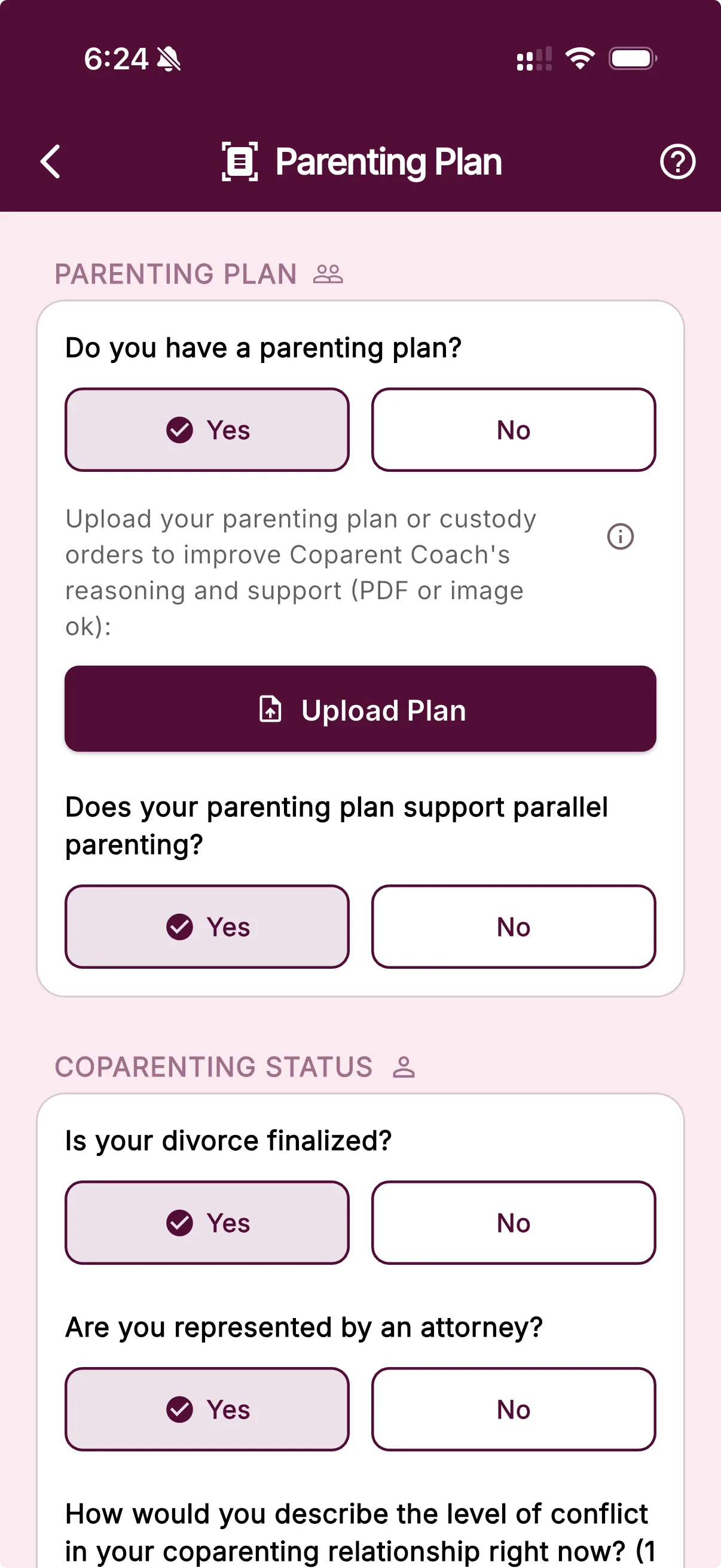 The BestInterest Parenting Plan settings screen with an Upload Plan button