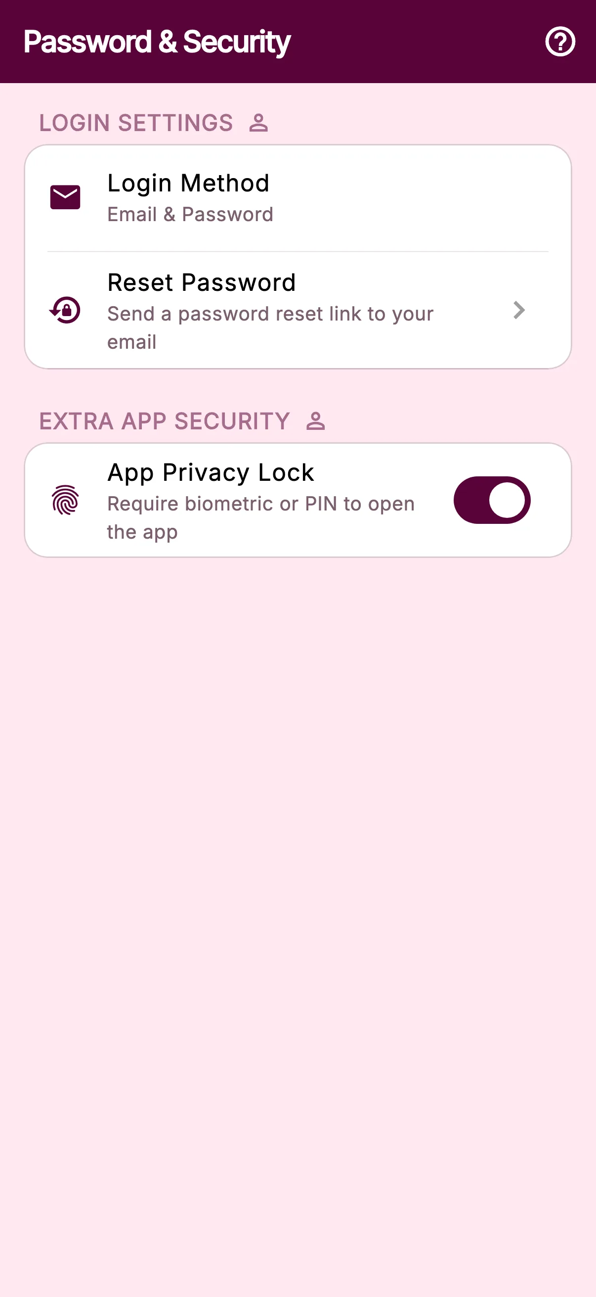 BestInterest Password and Security settings with App Privacy Lock enabled