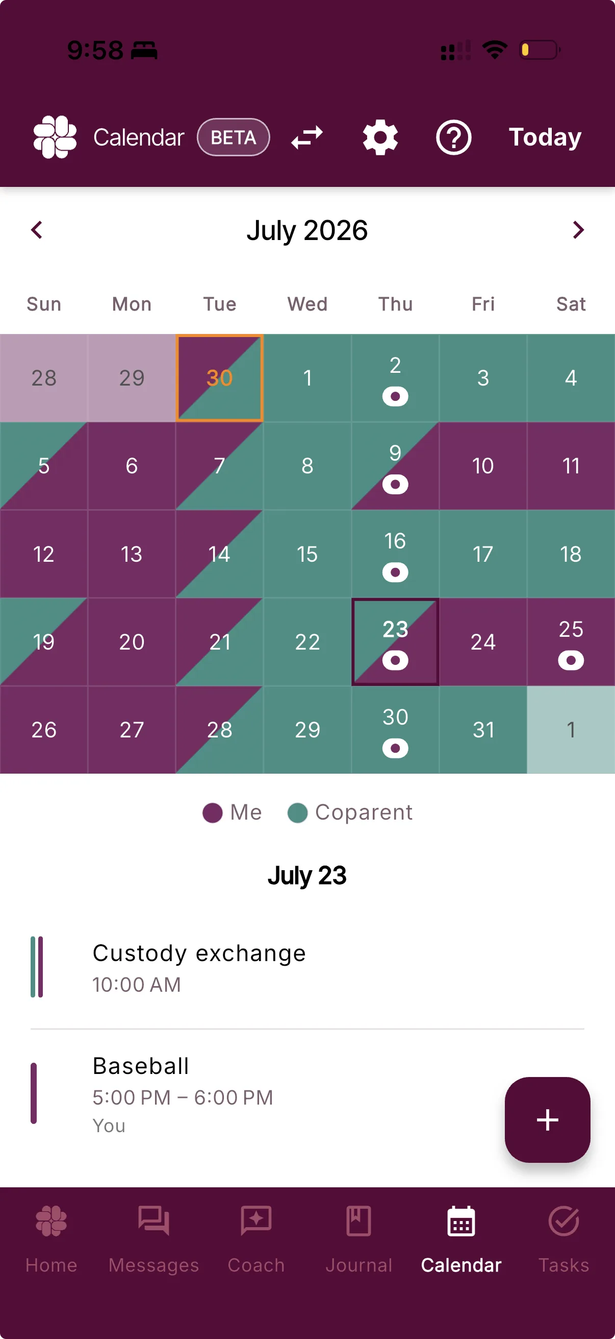 BestInterest shared custody calendar screen