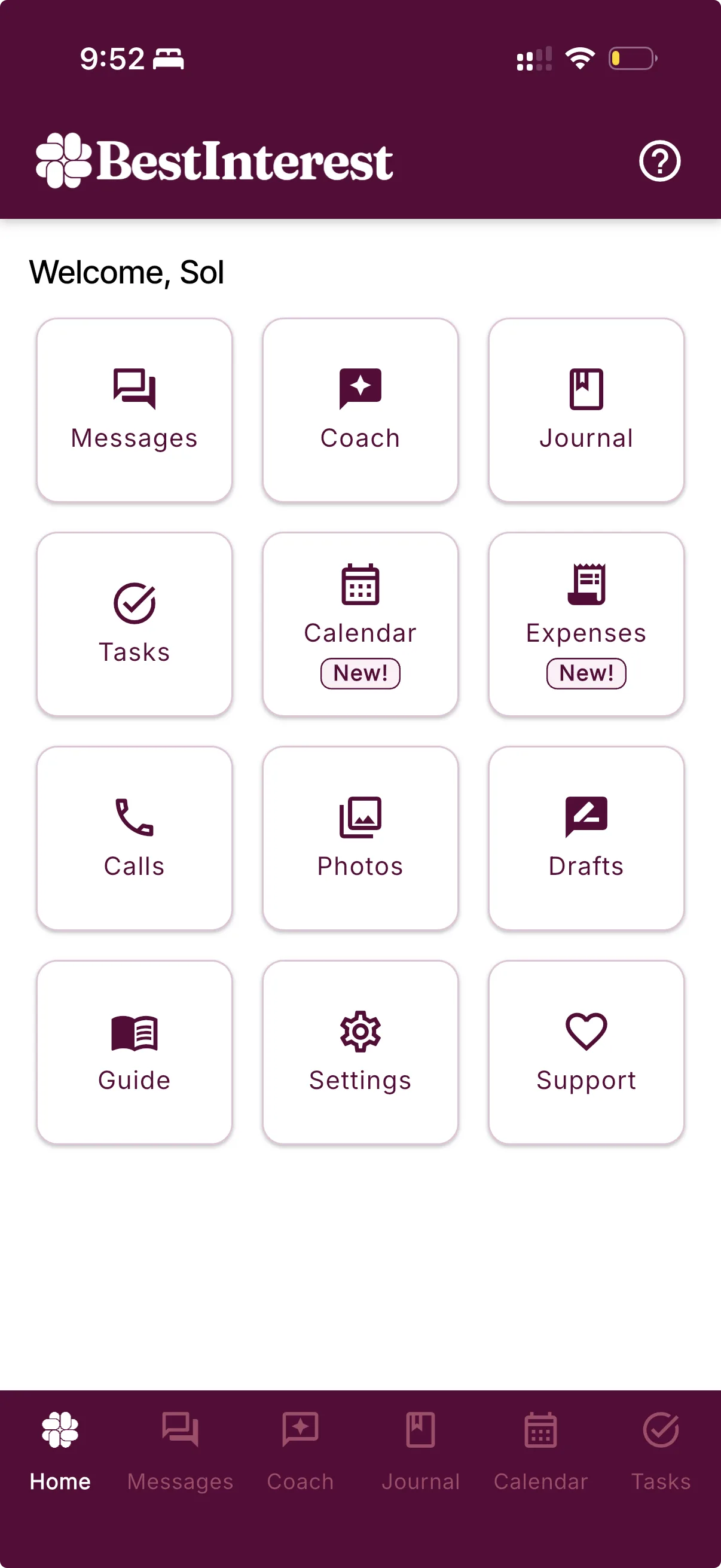 The BestInterest Solo Mode dashboard showing Coach, Journal, Tasks, Calendar, Expenses, Drafts, Guide, and other private tools