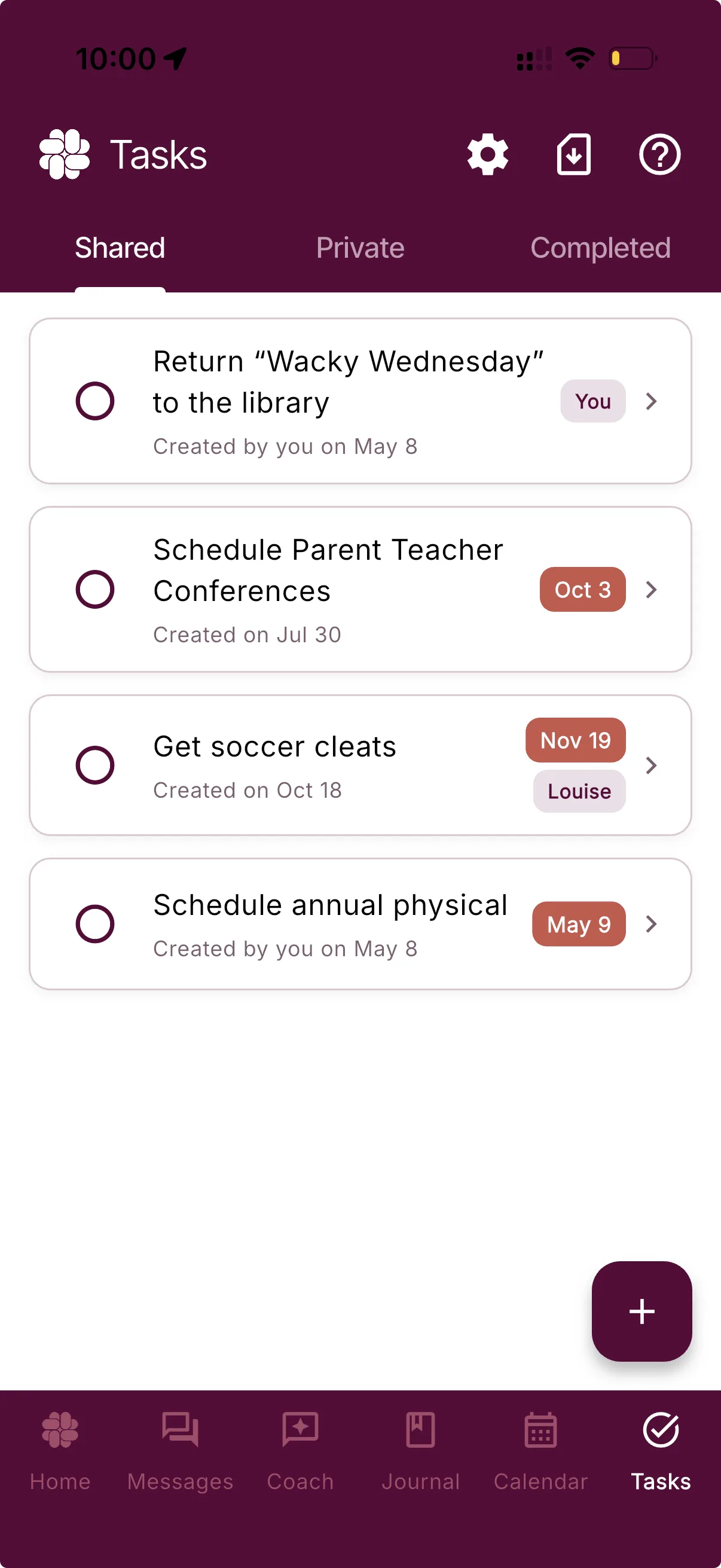 BestInterest Tasks screen showing shared parenting tasks with due dates and assignees