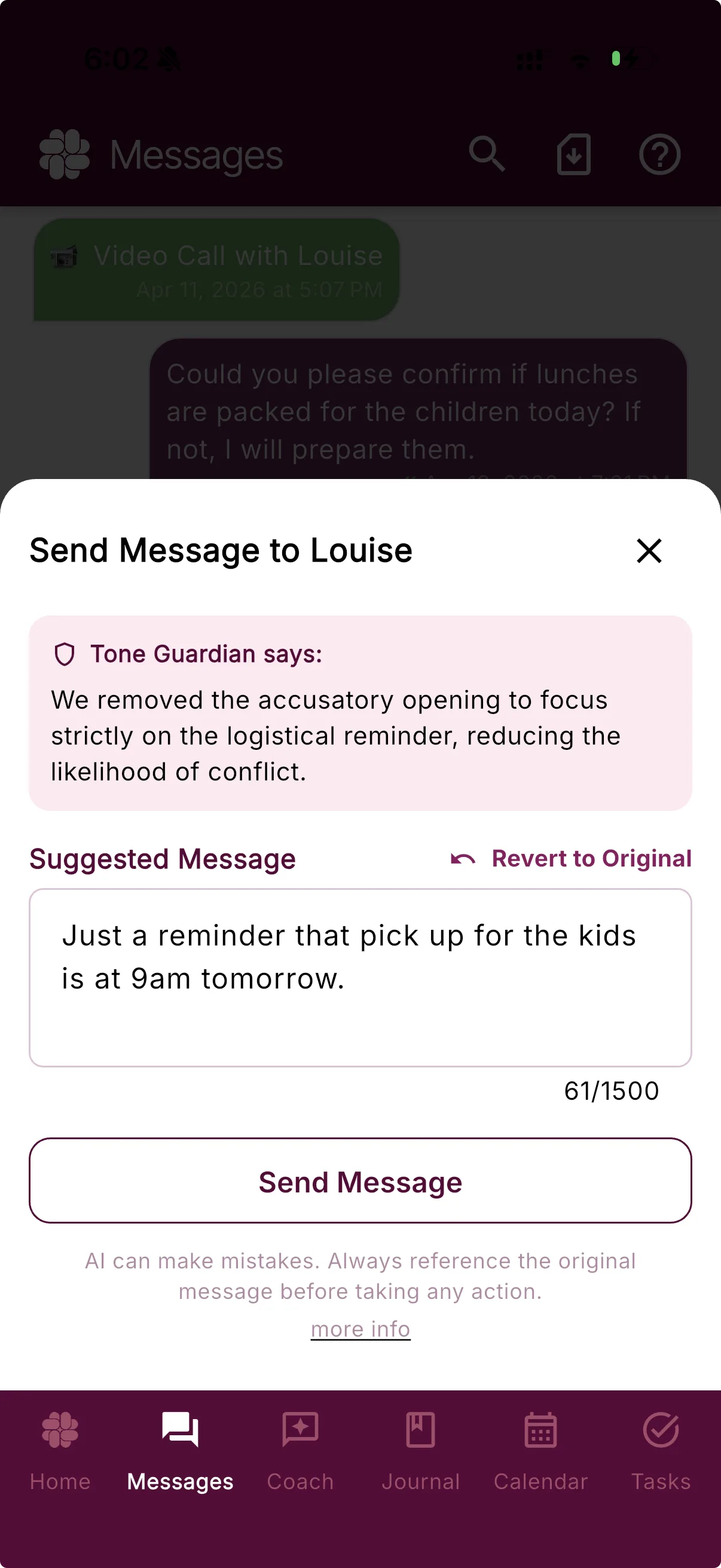 Tone Guardian explaining a suggested message rewrite before the user decides what to send