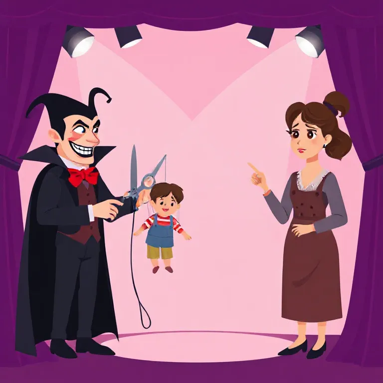Villain with scissors and marionette, confronted by woman on stage in dramatic theater scene.