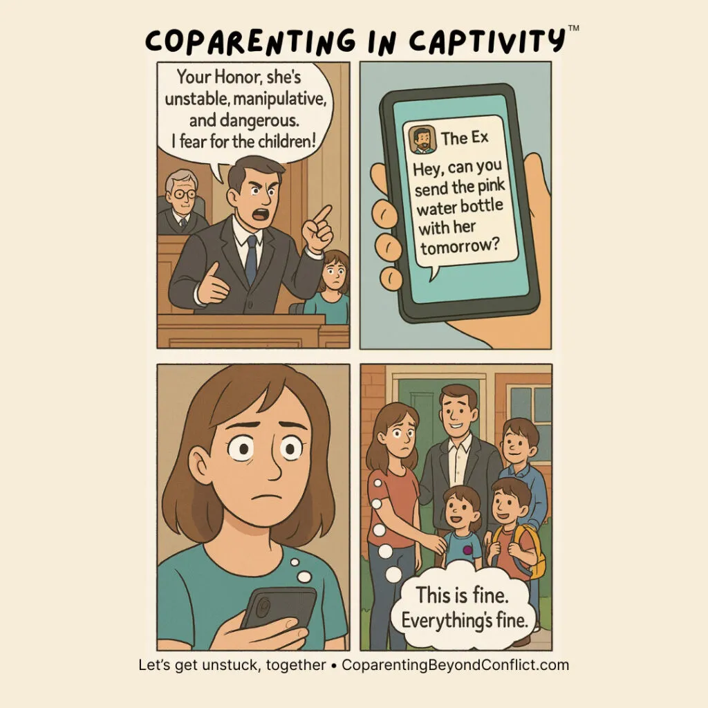 Co-parenting comic: courtroom drama vs. everyday life; childrens custody and parental challenges depicted.