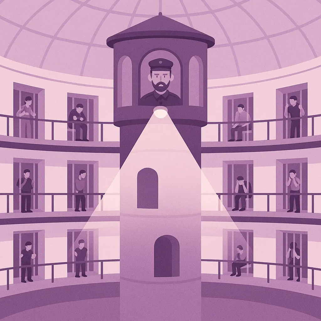 Illustration of a panopticon prison where inmates cannot tell if they are being watched