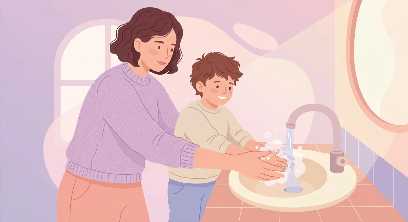 Parent and child performing a hand-washing ritual to ease transition day anxiety and mark a new beginning.