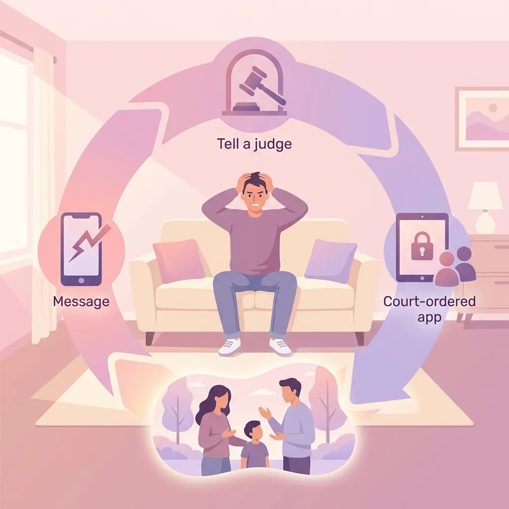 An infographic explaining the frustrating cycle of family court communication and court-ordered apps for high-conflict co-parents.