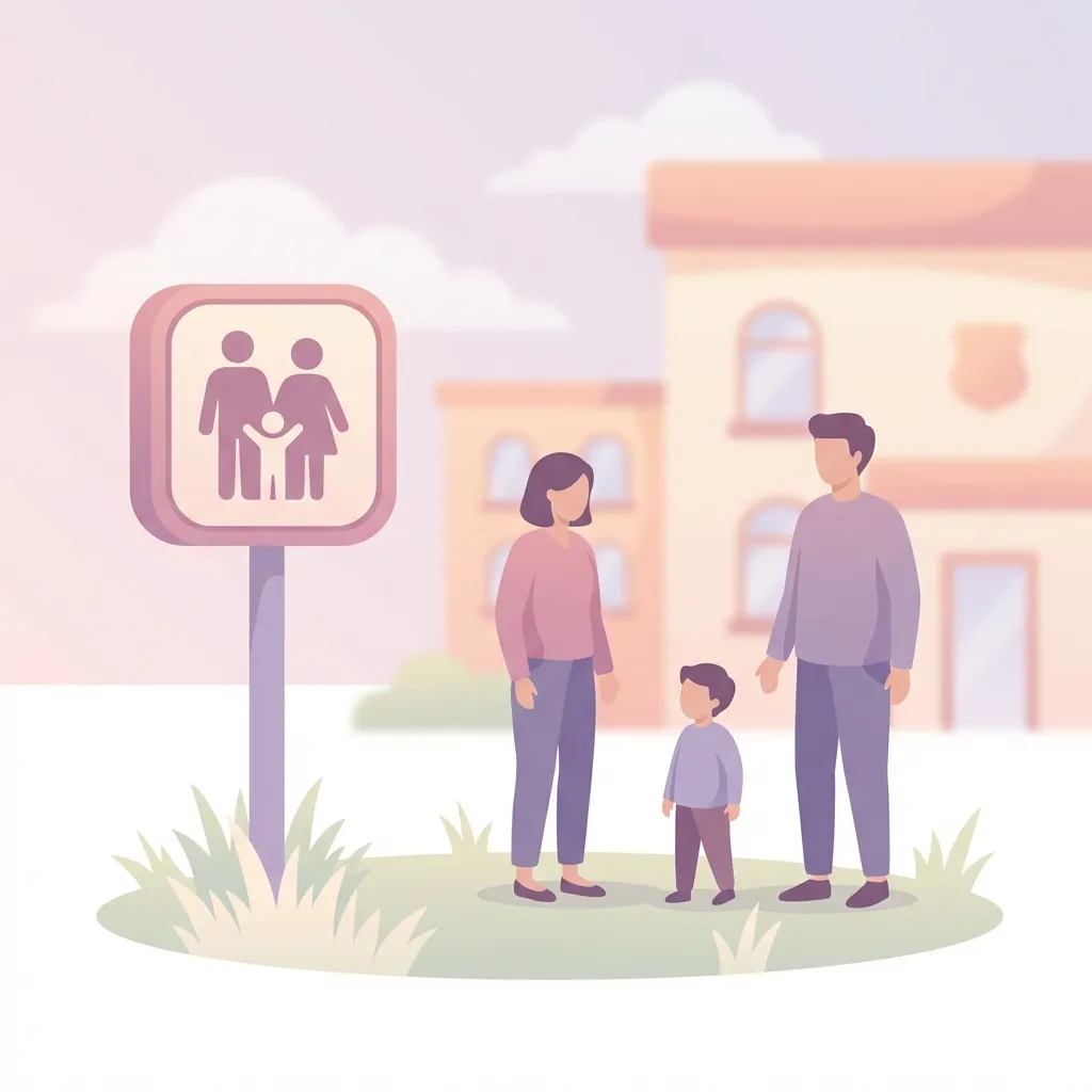 A designated Safe Exchange Zone sign in the parking lot of a police station for child custody exchanges.