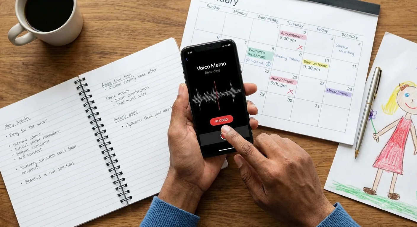 Hands documenting co-parenting interactions to combat weaponized forgetfulness