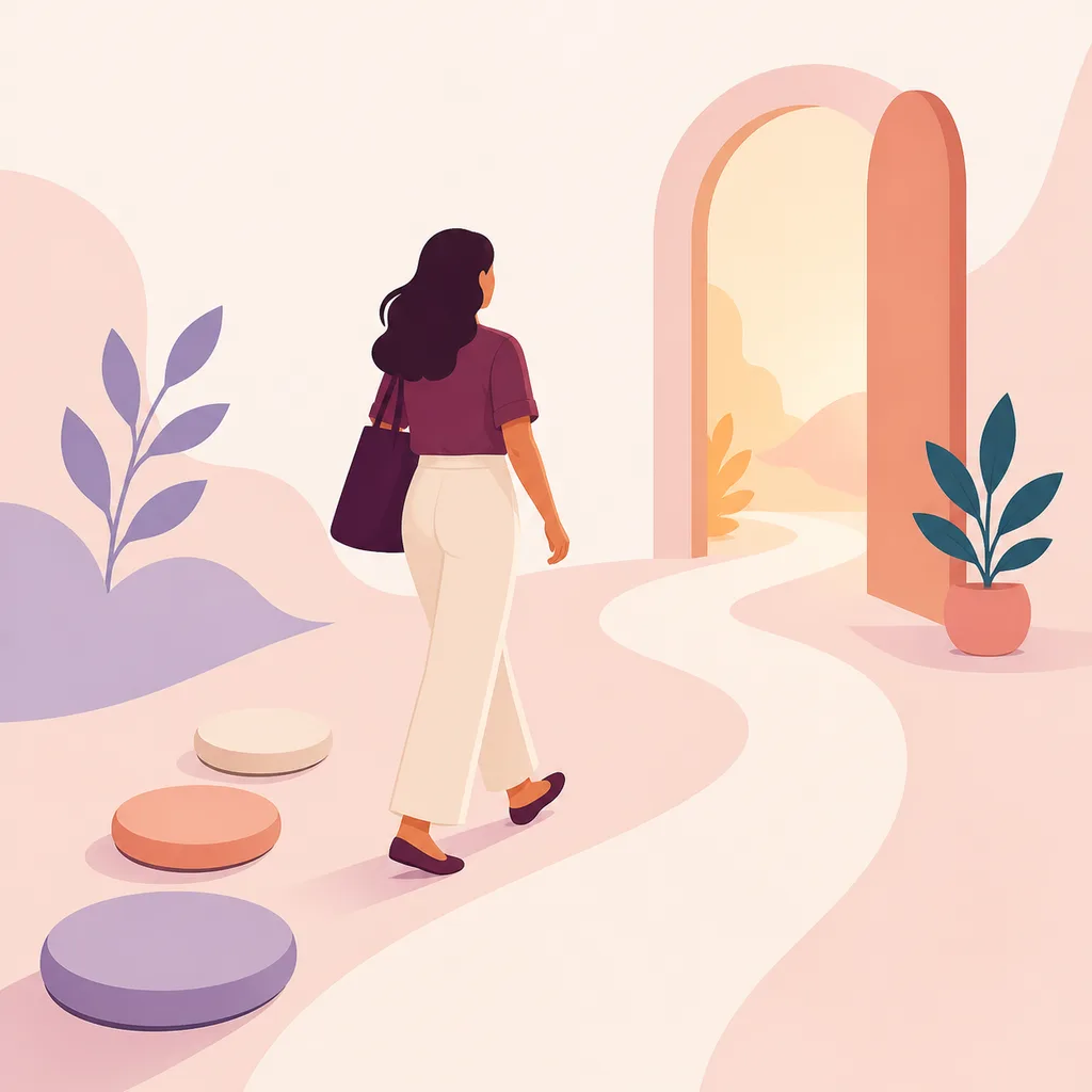 Parent following three schedule stones toward an open, warmly lit doorway