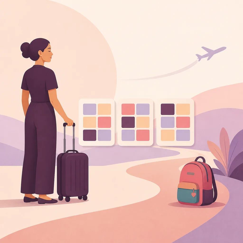 Airline-crew parent organizing schedule tiles beside a rolling suitcase and child’s backpack