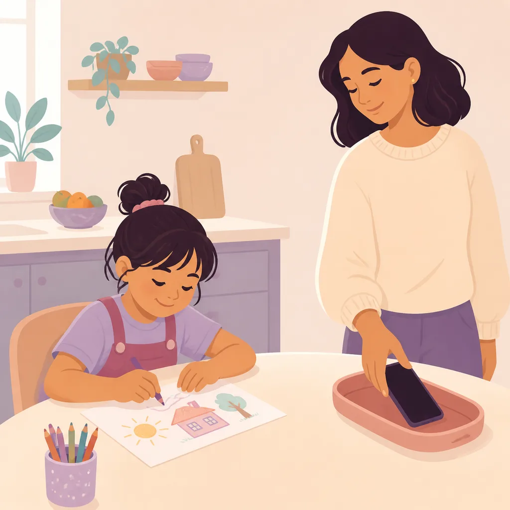 A child draws while a parent sets aside a phone for adult communication