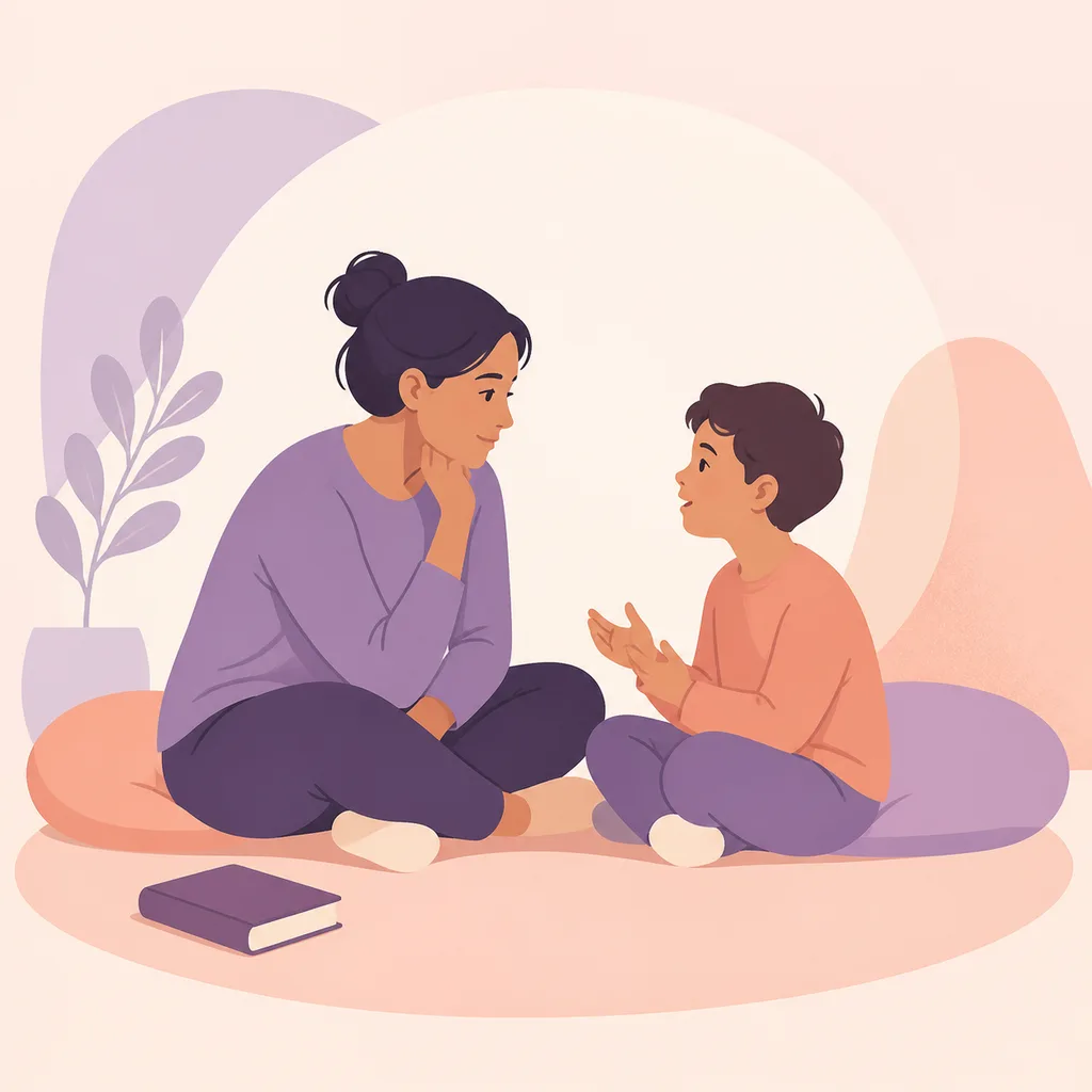 Parent listening calmly to a child beside a closed book