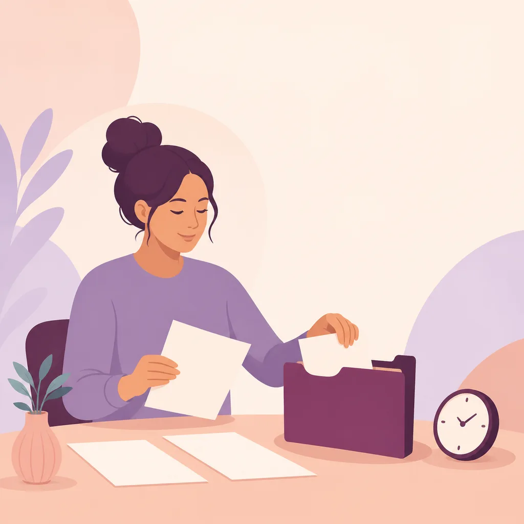 Parent sorting unmarked forms into a folder beside a clock