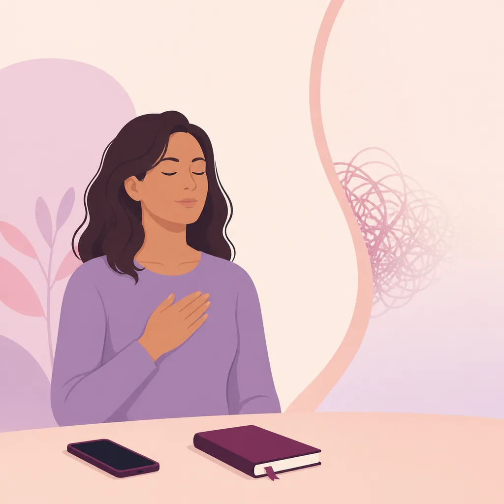 Parent breathing calmly beside a face-down phone and closed journal as a tangle fades