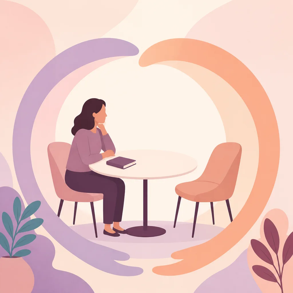 Parent at a round table surrounded by overlapping supportive curves and an open chair