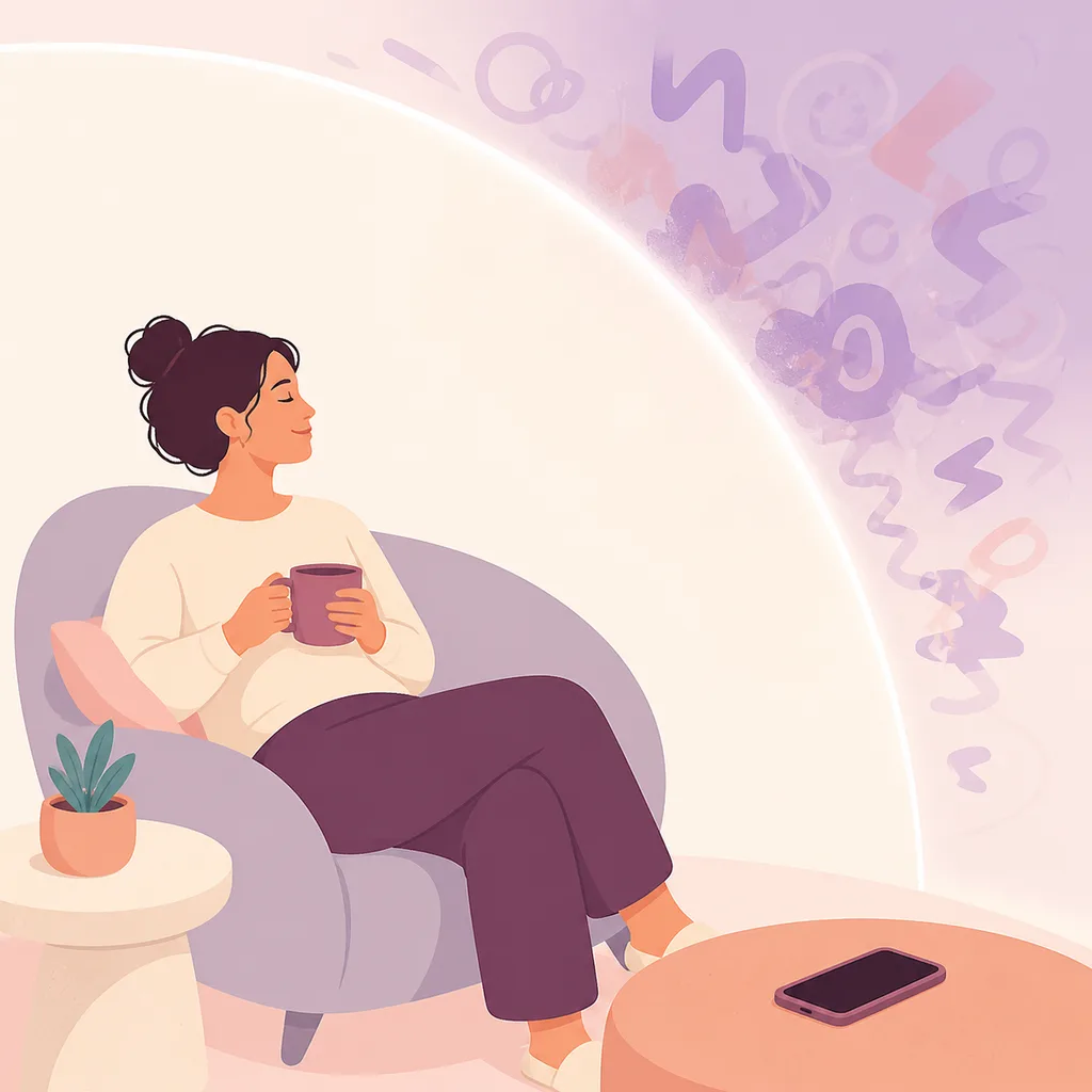 Parent resting beside a phone as abstract noise fades beyond a curved boundary