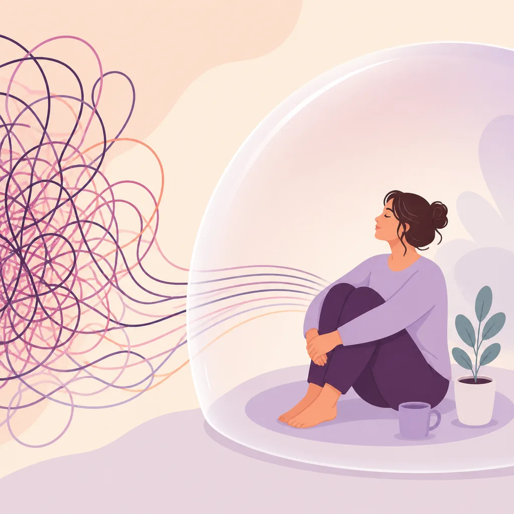 Parent sitting behind a protective curve as tangled lines become orderly