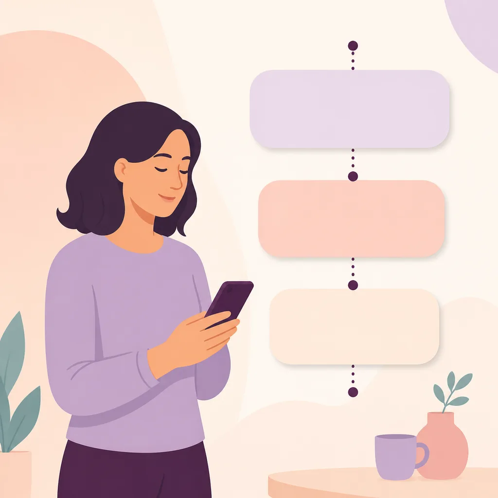 Parent holding a phone beside three orderly blank message shapes