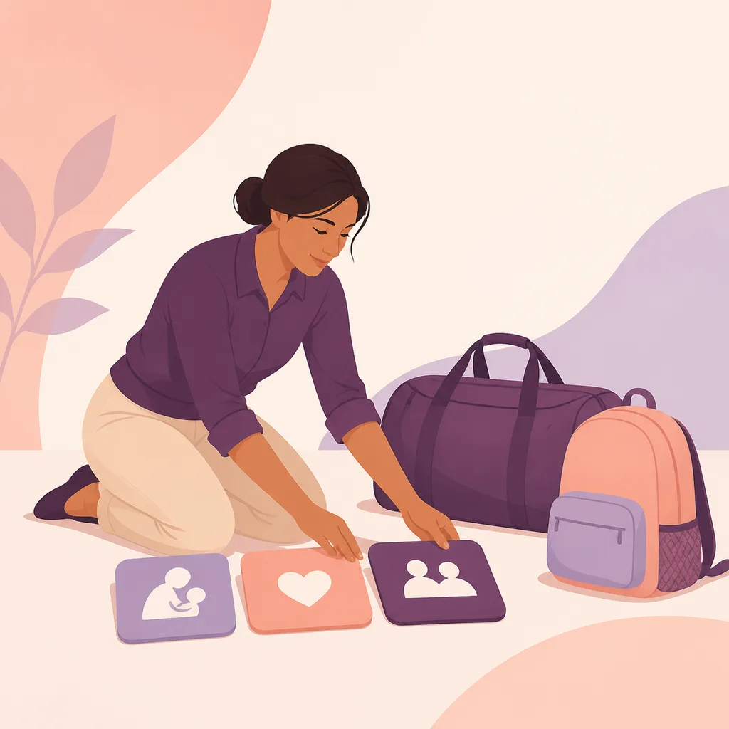 Military parent in plain work clothes arranging schedule tiles beside a duffel and child’s backpack
