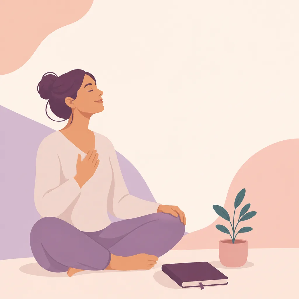 Parent breathing calmly beside a closed journal and small plant