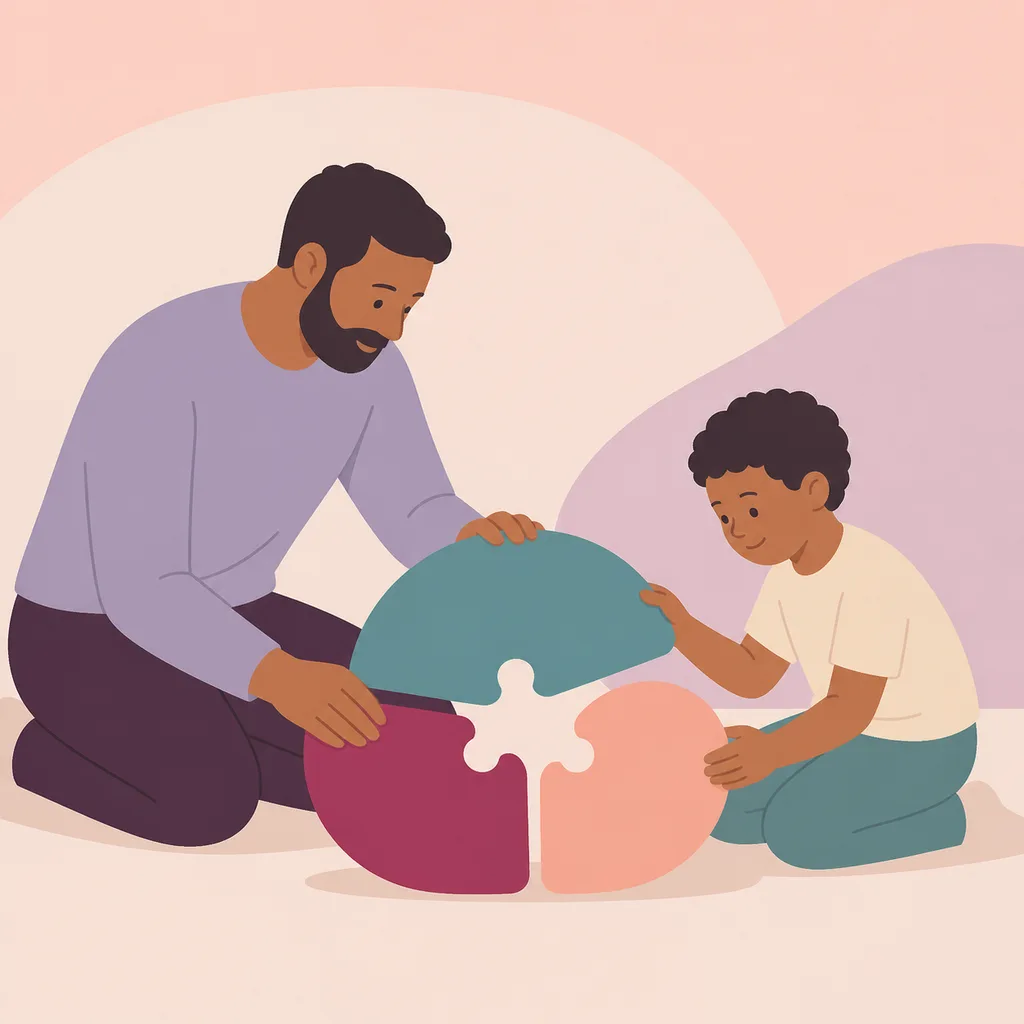Parent and child arranging three rounded pieces into a stable pattern