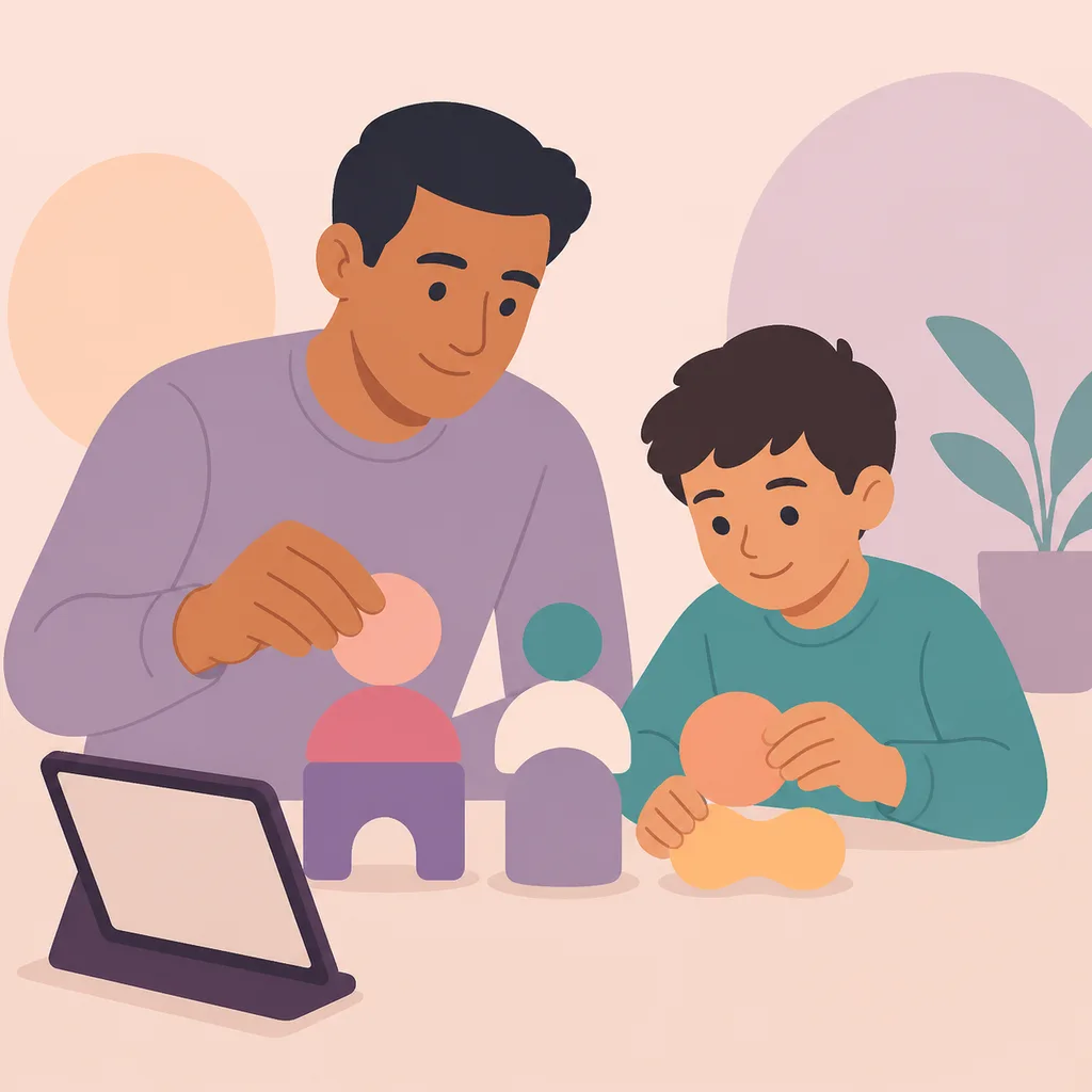 Parent and child building abstract shapes beside a blank tablet