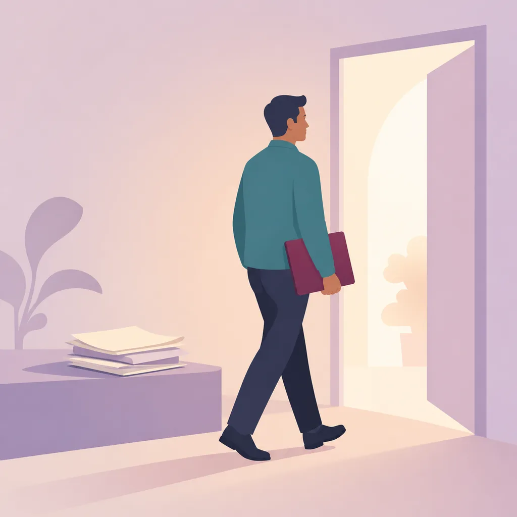 Parent carrying an organized folder toward an open doorway