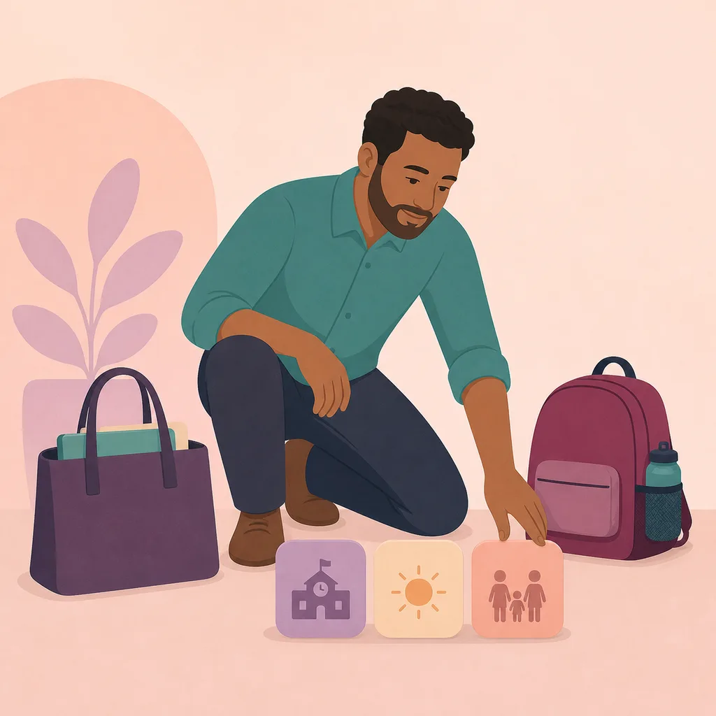 Teacher parent in plain work clothes arranging schedule tiles beside a tote and child’s backpack