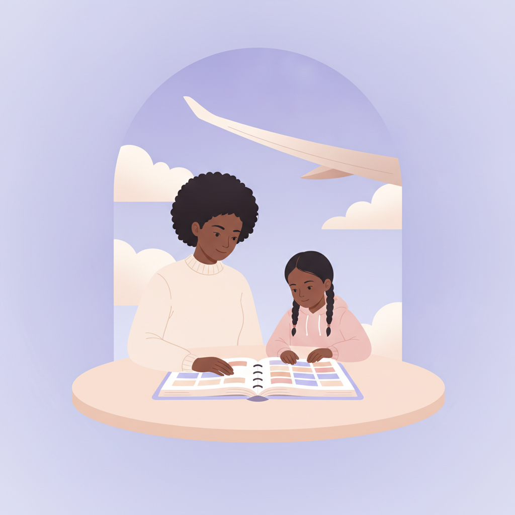 Parent and child reviewing a shared calendar, symbolizing organized co-parenting for airline families.