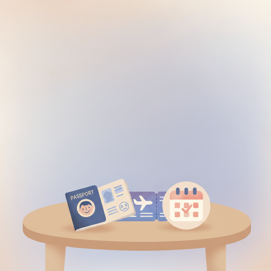 Child passport, travel consent documents, and calendar organized for co-parenting international travel.