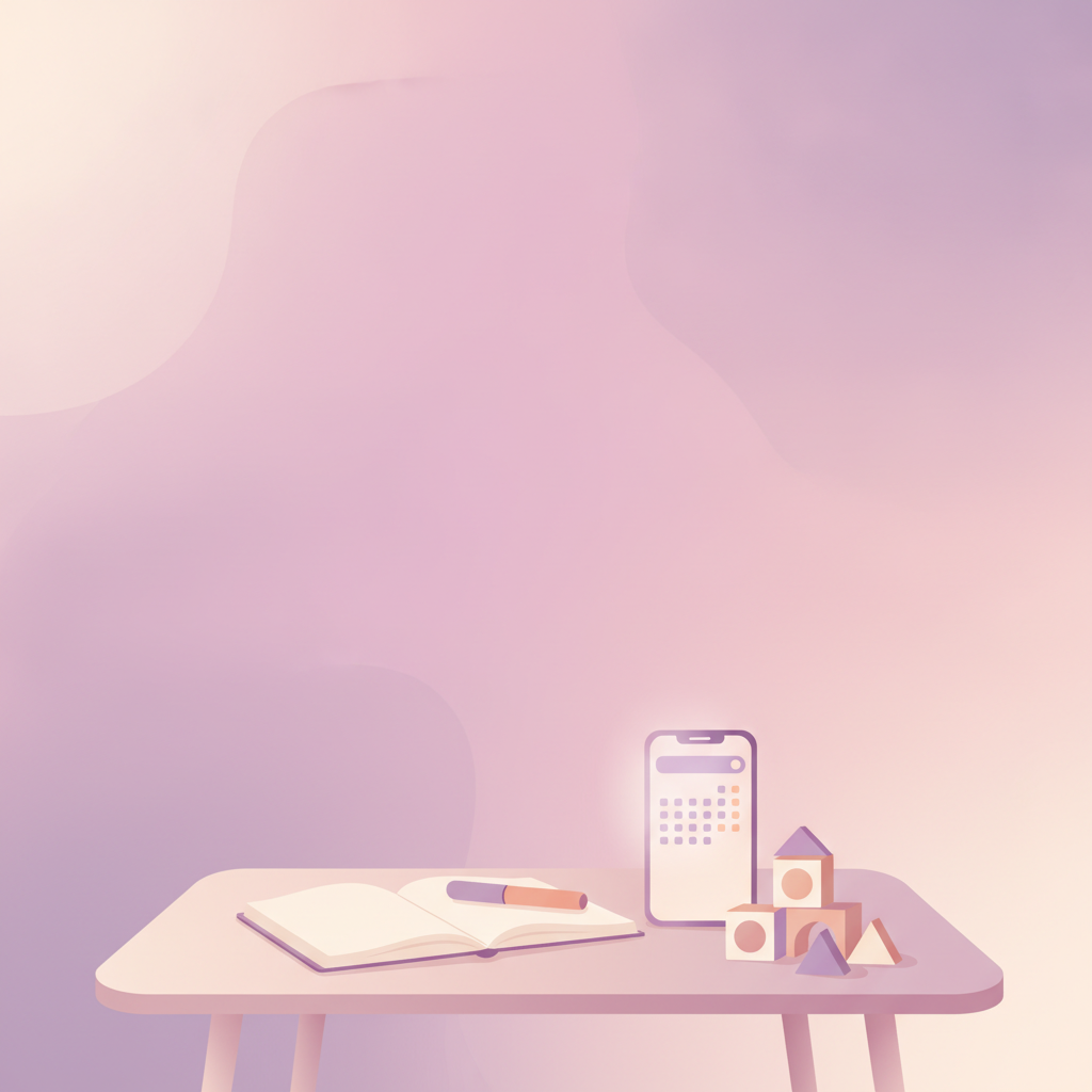 A calm modern desk setup with a calendar view on a screen, notebook, and child wooden toy block.