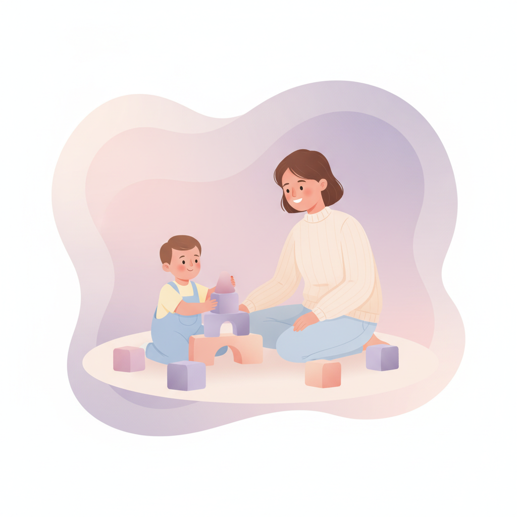 A toddler playing calmly with building blocks in a cozy home setting.
