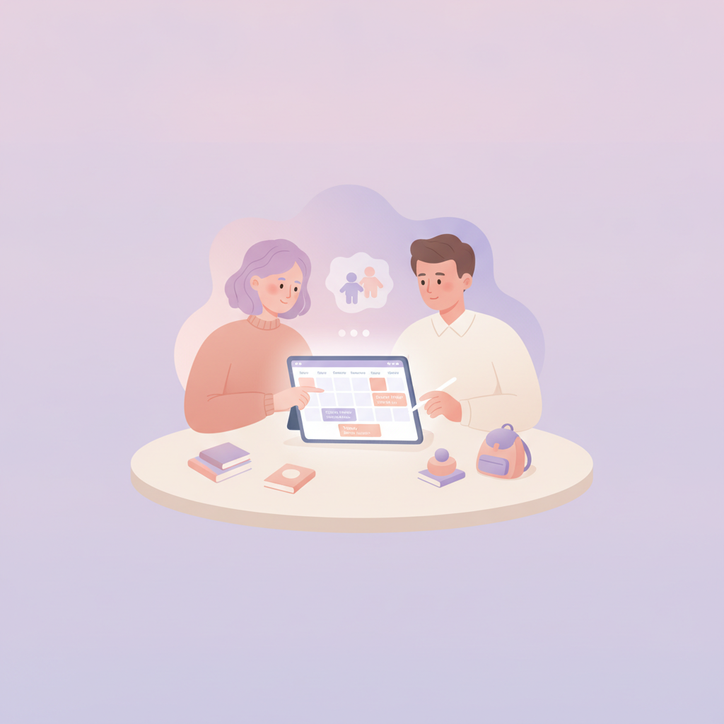 Vector illustration of unmarried parents managing a child custody schedule and parenting plan.