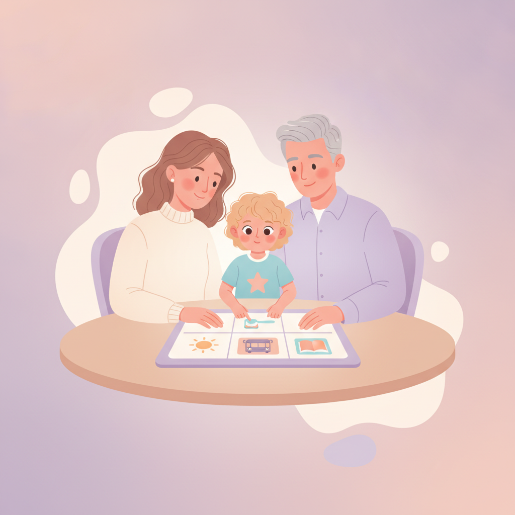 Co-parents using a visual schedule to help a child with special needs transition between homes.