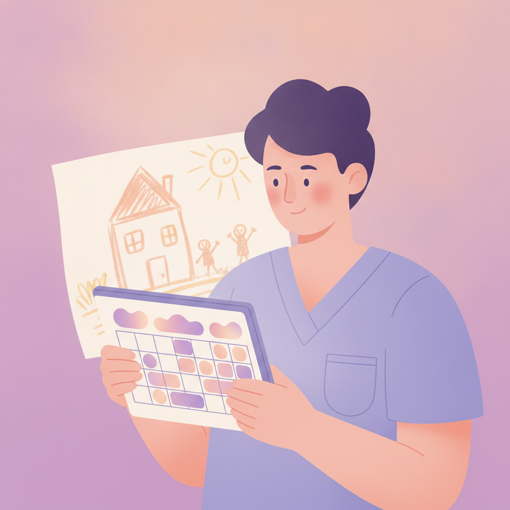 A healthcare worker parent reviewing a shared digital calendar, planning their child's custody schedule around their shift work.