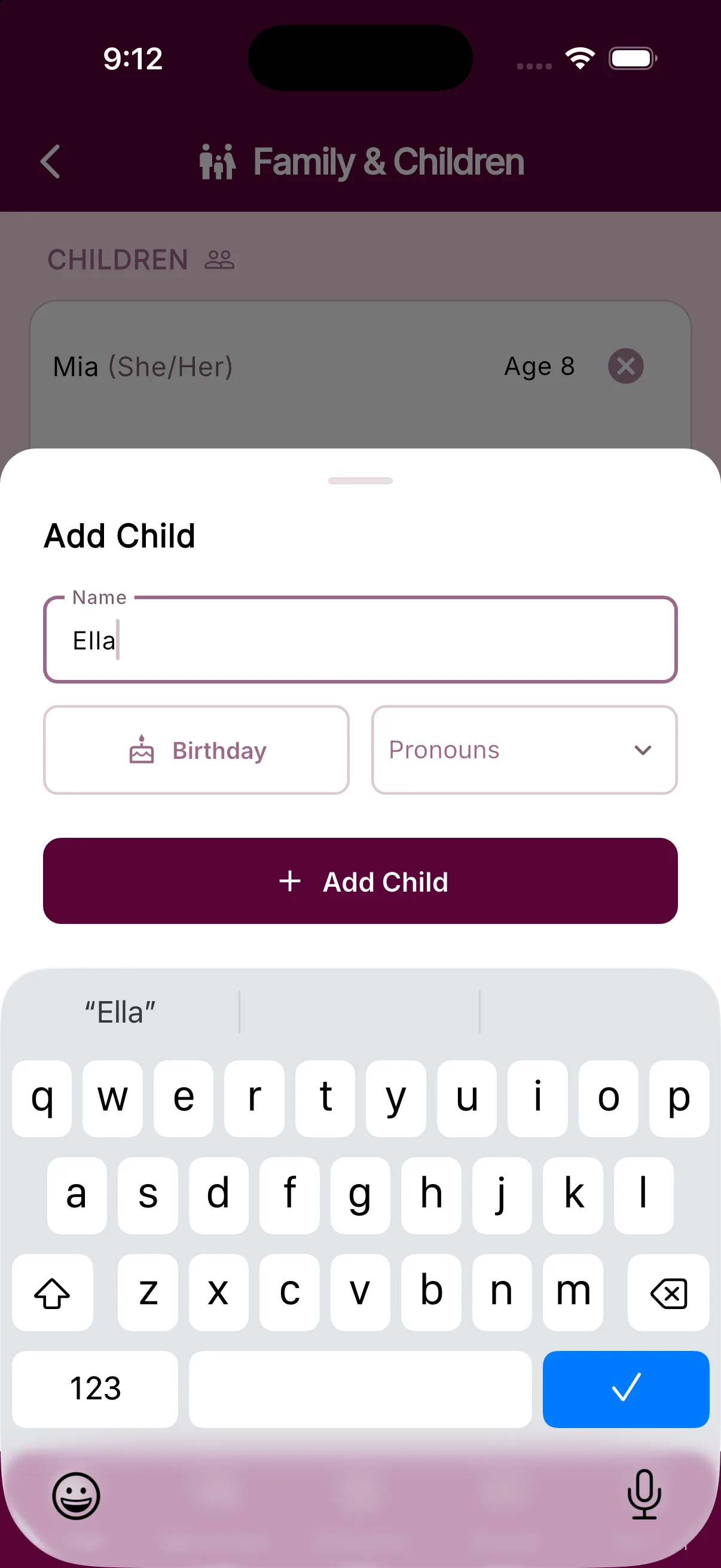 The Add Child sheet with the Name field, Birthday button, Pronouns menu, and Add Child button