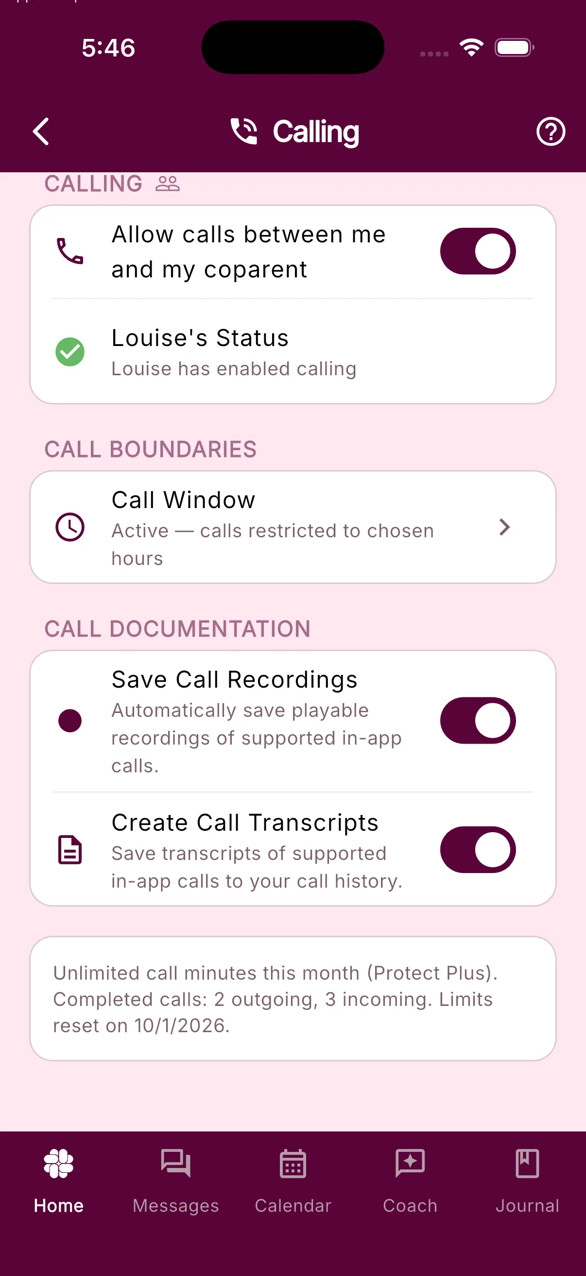Calling settings showing the Call Window and call documentation controls