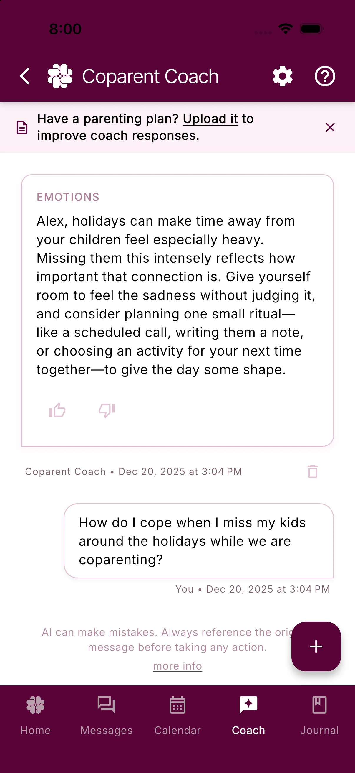 The Coach tab showing a past request with its reply card and the Ask Coach button