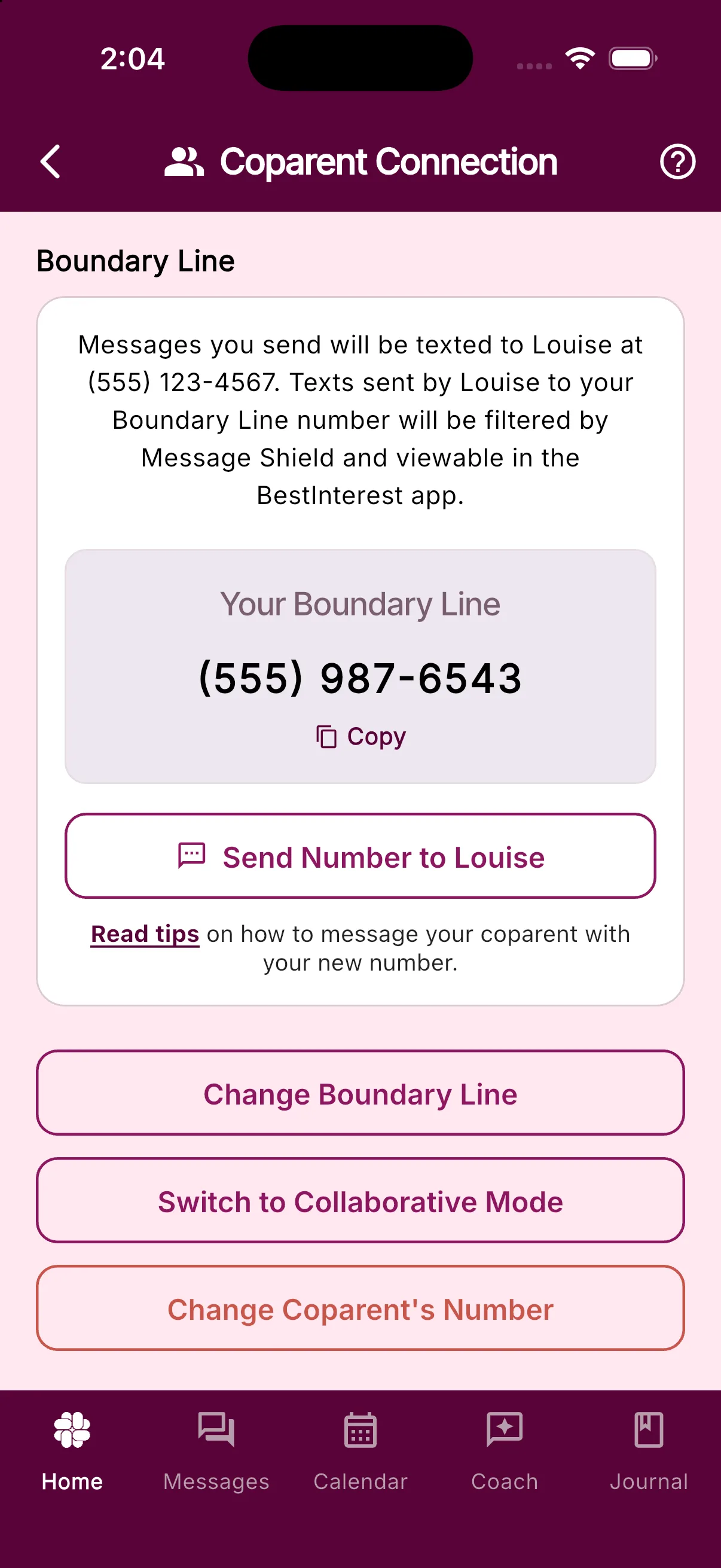 The Coparent Connection screen showing an active Boundary Line number with Copy and Send Number controls