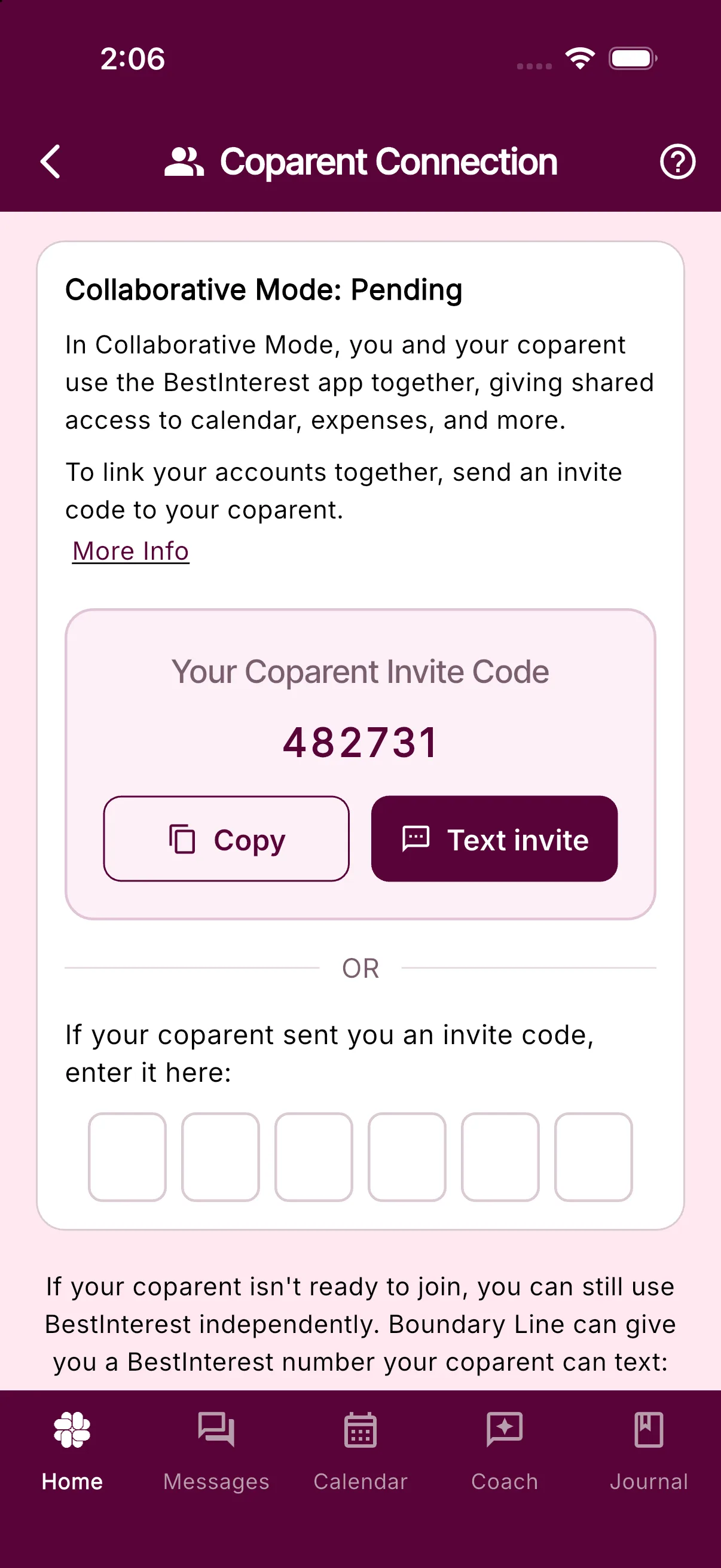 Coparent Connection showing the Collaborative Mode invite code