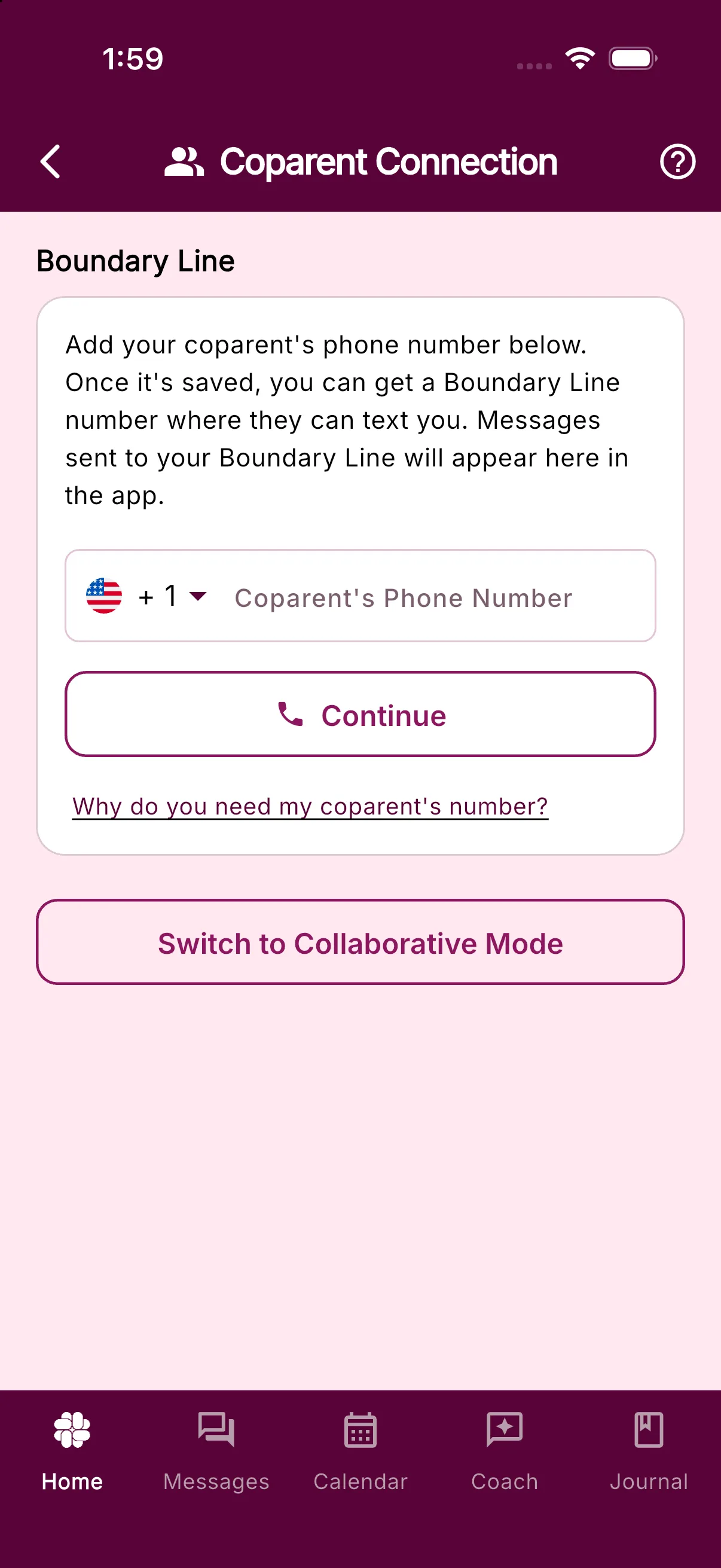 The Coparent Connection screen in Solo Mode asking for the coparent's phone number before setting up Boundary Line